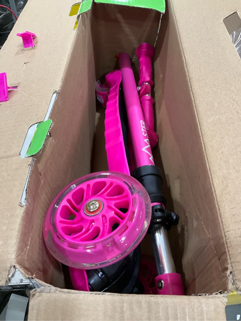 Condition photo showing As Is for Lifemaster Mini 3-Wheel Kids Scooter with Multi-Color Wheel Lights – 4-Height Adjustable Handlebar, Wide Anti-Slip Deck, Child Safety Certified, Boys & Girls Ages 2+ Supports Up to 110 lbs Pink Children and Toddler