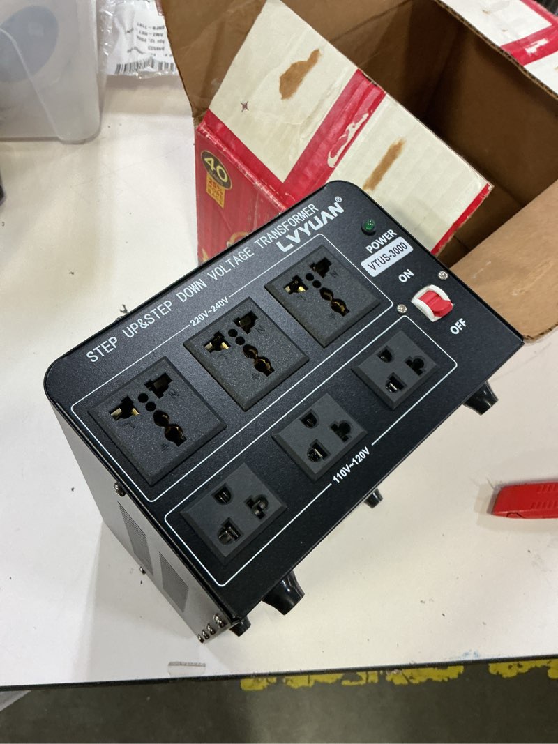 Condition photo showing As Is for lvyuan 3000 watt voltage converter transformer heavy duty step up/down ac 110v/120v/220v/240v power converter with 2 us outlets, 2 universal outlets, resettable circuit breaker protection 3000va