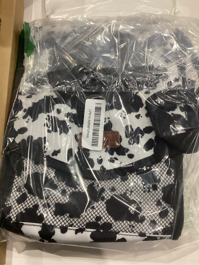 Condition photo showing As Is for Car Trash Can with Lid, Cute Leakproof Car Trash Garbage Bag Hanging Vehicle Trash Bin Small Portable Automotive Garbage Cans Organizer for Back/Front Seat/Console(Trapezoid,Cow Print) 2 Gallons Cow Print