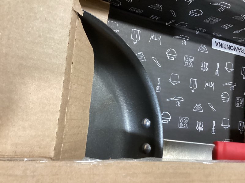 Condition photo showing Good Condition for tramontina professional 12-inch non stick large frying pan, heavy-gauge aluminum skillet with reinforced nonstick coating, red handle, dishwasher and oven safe nonstick (red handle) 12 inch