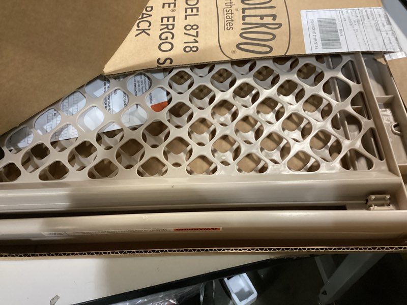 Condition photo showing As Is for toddleroo by north states 42” wide supergate ergo baby gate, made in usa: for doorways or stairways. includes wall cups. pressure or hardware mount. 26” - 42” wide (26\" tall, sand) (b01hg7e5r8)