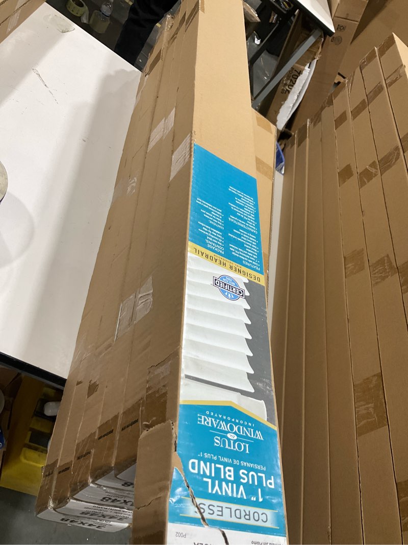 Condition photo showing New/Like New for LOTUS & WINDOWARE Cordless 1" Premium Vinyl Mini Blind, 34" Wide x 48" Long, White, Smooth, Room Darkening, Horizontal Blinds for Living Room, Bedroom, Interior Door Windows 34"W x 48"H White