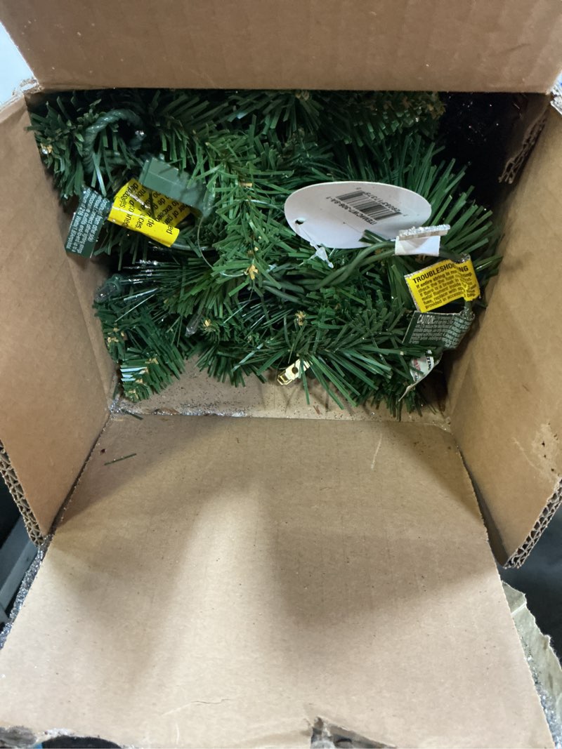 Condition photo showing As Is for national tree company 9' crestwood spruce silver bristle garland with pine cones, berries, glitter & 50 clear lights - green - no size
