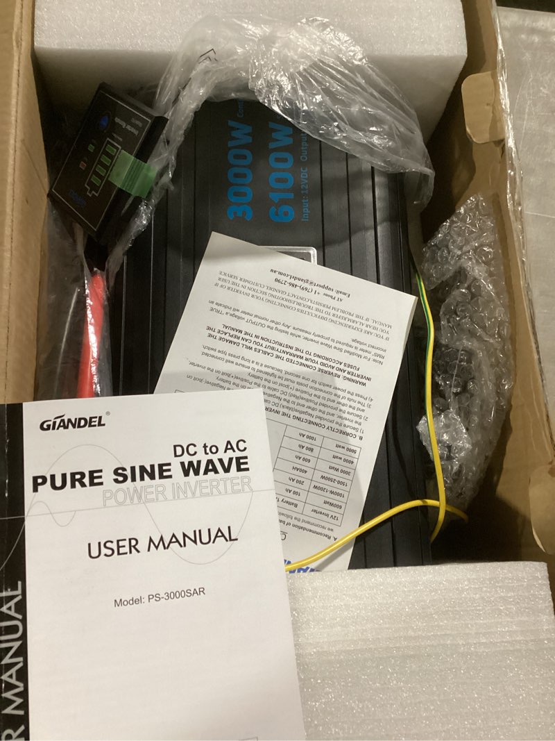 Condition photo showing Good Condition for 3000 watt pure sine wave inverter 12v dc to 120v ac for rv, truck, solar, home, off-grid, power inverter with 3 ac outlet, 30w usb-c, 5v 3.1a usb, hardwire port, remote control, surge 6000w 12v-3000w pure sine wave inverter