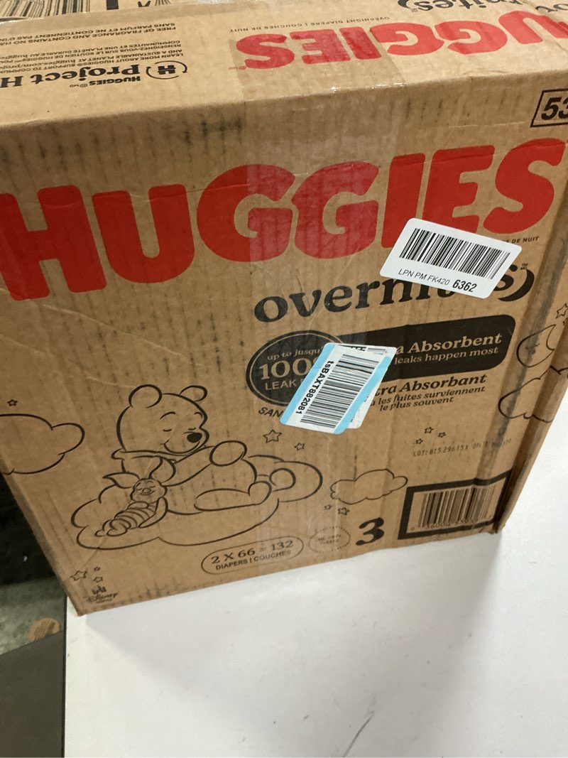 Condition photo showing New/Like New for Huggies Size 3 Overnites Baby Diapers: Overnight Diapers, Size 3 (16-28 lbs), 132 Ct (2 Packs of 66), Packaging May Vary Size 3 132