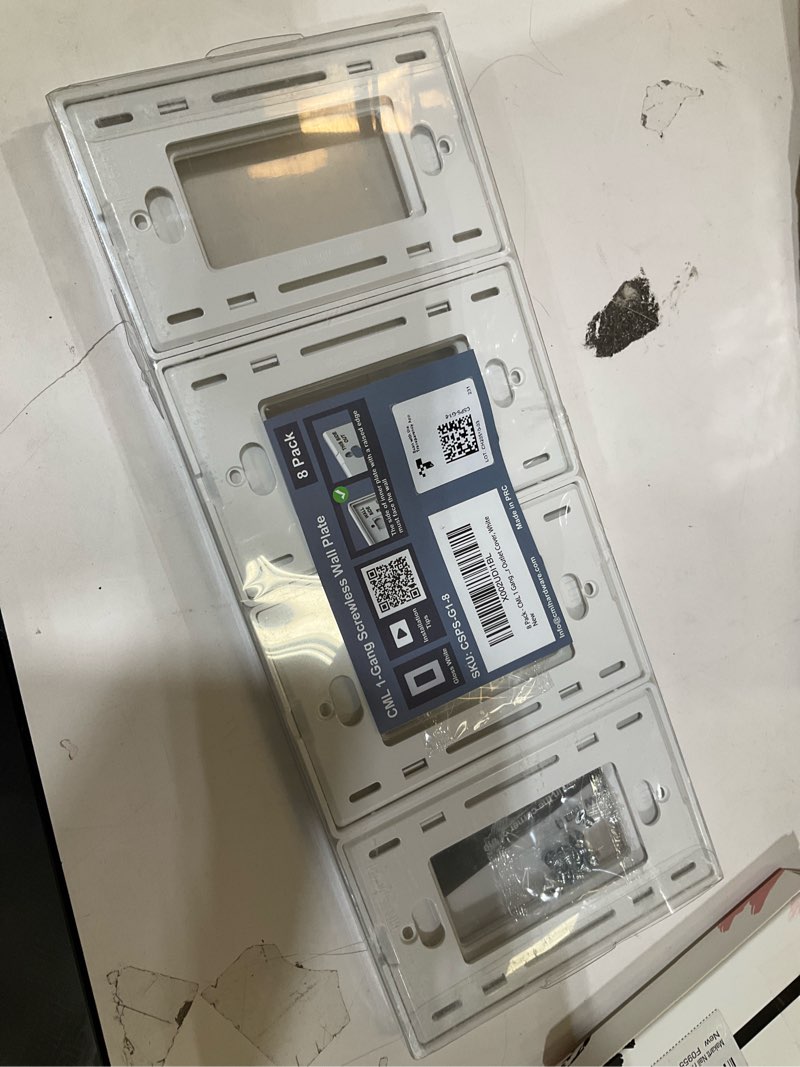 Condition photo showing item condition for CML Decorator Screwless Wall Plate, 1-Gang Receptacle Outlet Cover, 8 Pack Hidden Screw Smooth Face Switch Plates, Standard Size 2.91"x4.68", UL Listed, White Gloss White 8 Pack 1-Gang