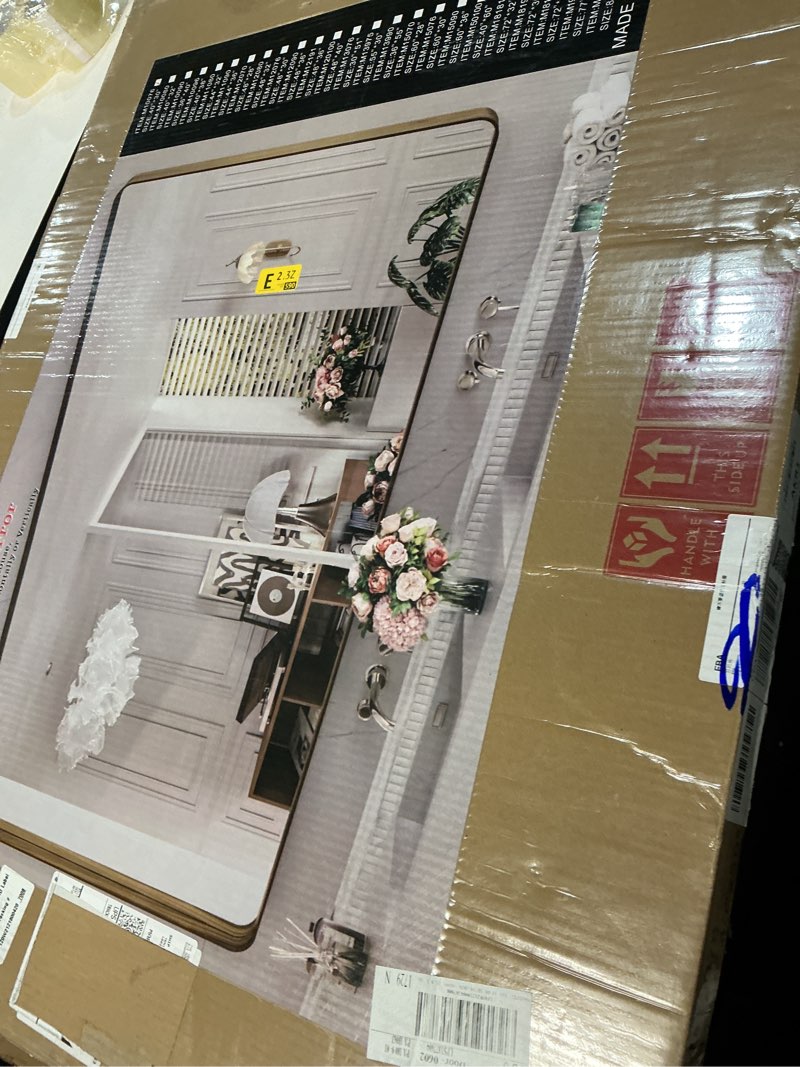 Condition photo showing Good Condition for LOAAO 40X30 Inch Bathroom Mirror with Wood Grain Colored Metal Frame, Rounded Rectangle Metal Framed Bathroom Mirror, Anti-Rust, Hangs Horizontally or Vertically, Tempered Glass Wood Grain Colored 40"L x 30"W