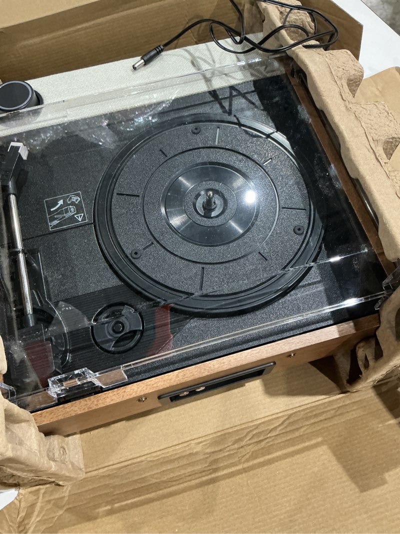 Condition photo showing As Is for victrola eastwood ii record player with speakers – bluetooth 5.1 and vinyl stream technology, vintage style 3-speed vinyl player, audio technica at-3600la cartridge (oak)