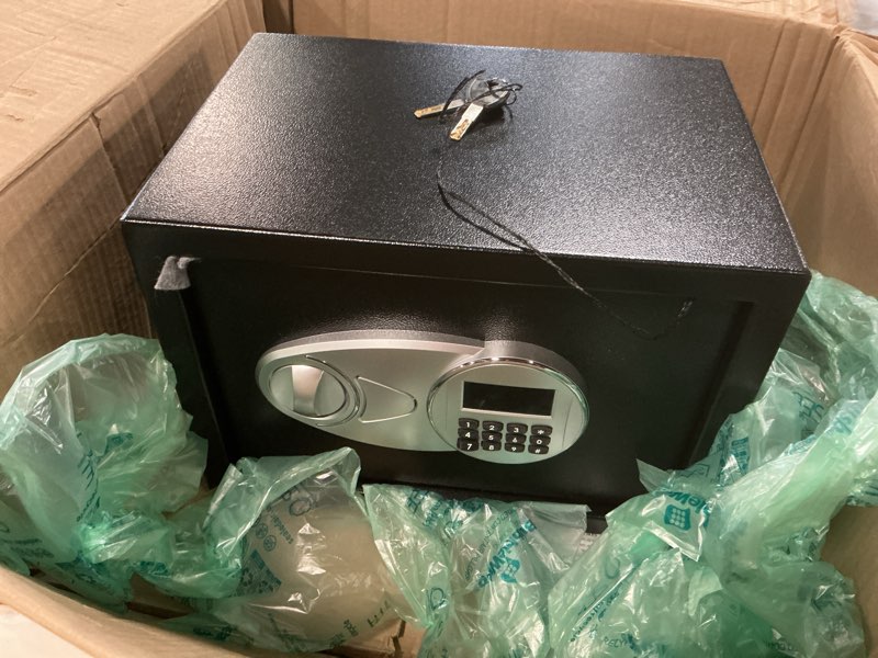 Condition photo showing Good Condition for amazon basics steel security safe and lock box with electronic keypad, secure documents storage, black, 0.5 cubic feet, 13.8"w x 9.8"d x 9.8"h, removable shelf