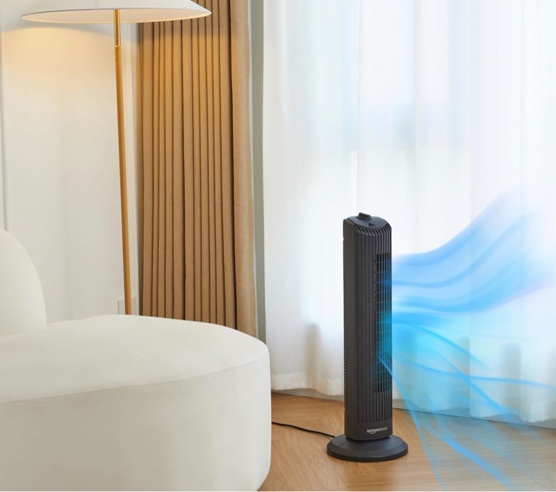 amazon basics 28" 60-degree oscillating tower fan for bedroom, living room, office, with 3 speeds, intuitive mechanical control, black, 35w, 27.8"h x 9.4"d x 9.4"w 28" - mechanical control