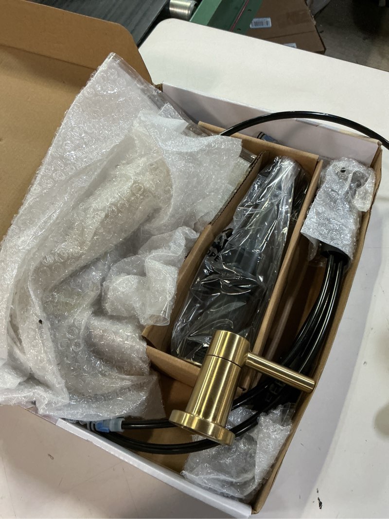 Condition photo showing As Is for allen + roth harlow brushed gold widespread 2-handle watersense mid-arc residential handle bathroom sink faucet with drain