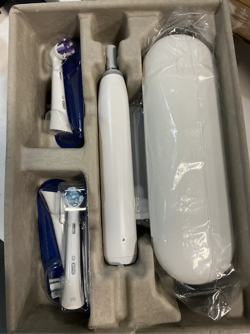 Condition photo showing As Is for oral-b rechargeable electric toothbrush, io5 limited deep clean & whiten, 5 cleaning modes, visual pressure sensor to protect gums, travel case, 3 brush heads, white white 1 count (pack of 1)
