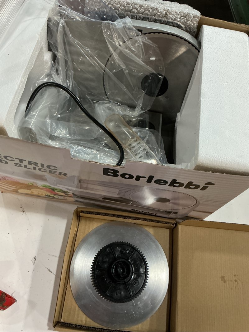 Condition photo showing As Is for meat slicer, 200w electric food slicer with 2 removable 7.5" stainless steel blades and stainless steel tray, child lock protection, adjustable thickness, food slicer machine for meat cheese bread