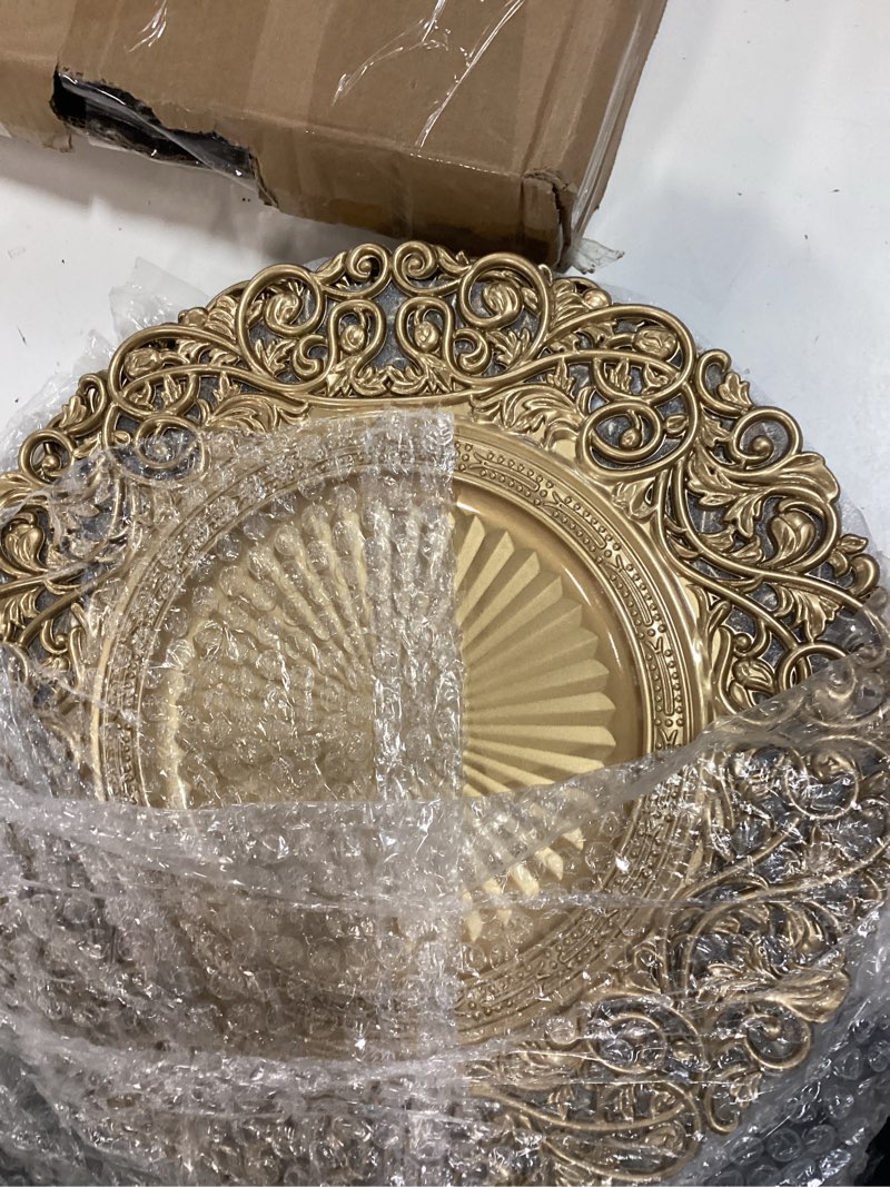 Condition photo showing New/Like New for foraineam gold charger plates set of 12, 13" round plastic dinner chargers, decorative hollowed out flowers serving plates for table setting, catering, wedding, party, event
