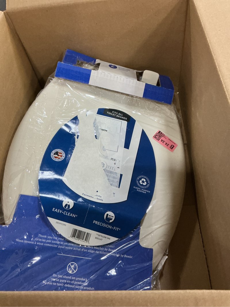Condition photo showing Good Condition for mayfair aurora slow close toilet seat, easy clean hinges and adjustable perfect fit plastic seat, made in usa, elongated, biscuit