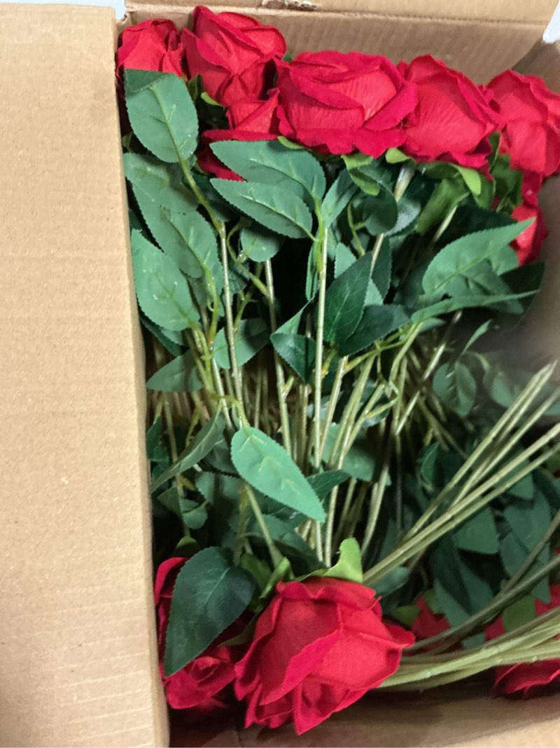 Condition photo showing Good Condition for HyeFlora 50 PCS Red Roses Artificial Flowers, Fake Roses with Stems Realistic Silk Roses for DIY Wedding Bouquets Tables Centerpieces Arrangements Party Baby Shower Birthday Home Decor Gift for Her