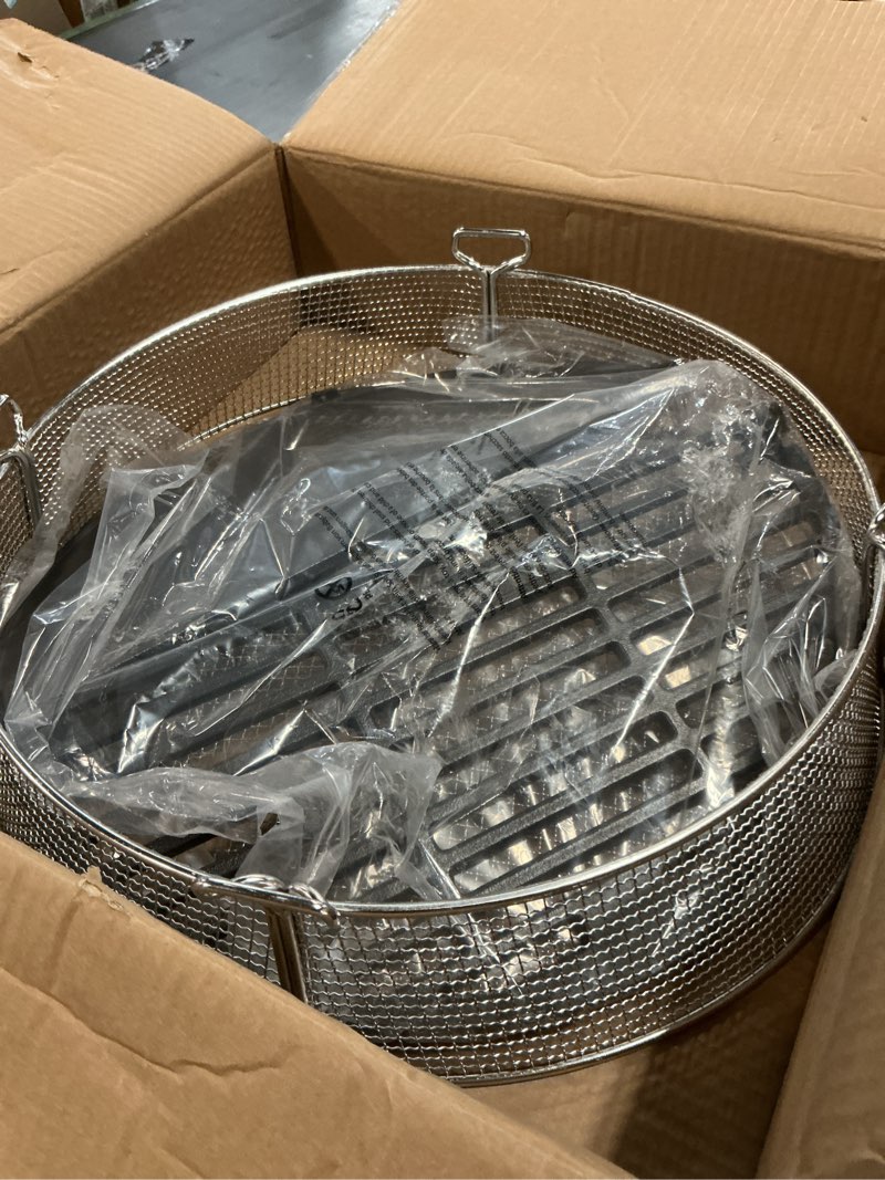 Condition photo showing As Is for onlyfire stainless steel mesh cover & cast iron grill griddle combo for solo stove 19.5 inch fire pit - dual cooking surface with handles for ember protection and outdoor bbq