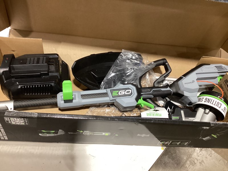 Condition photo showing As Is for ego power + powerload with line iq 56-volt 16-in telescopic shaft battery string trimmer 4.0 ah (battery included) (charger included)