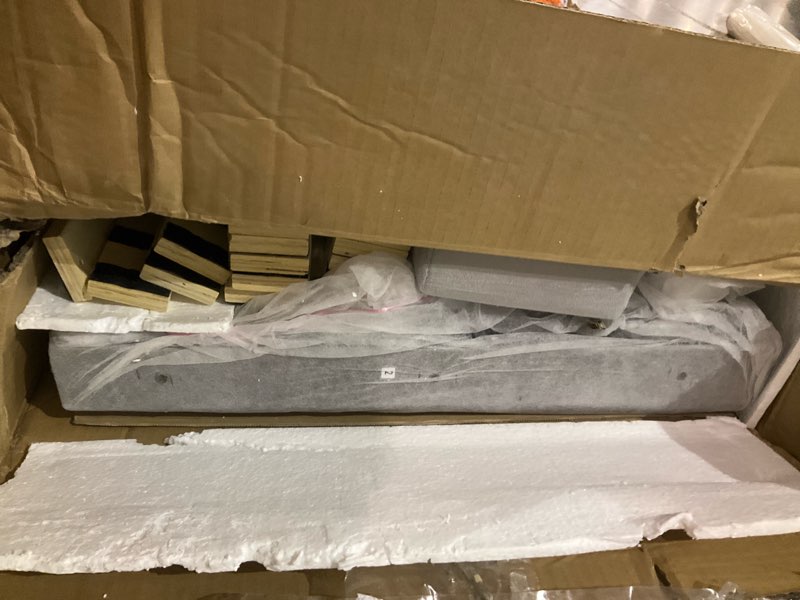 Condition photo showing Good Condition for full size bed frame, velvet upholstered platform bed mattress foundation, with vertical channel tufted wingback headboard, strong wood slat, no box spring needed, grey
