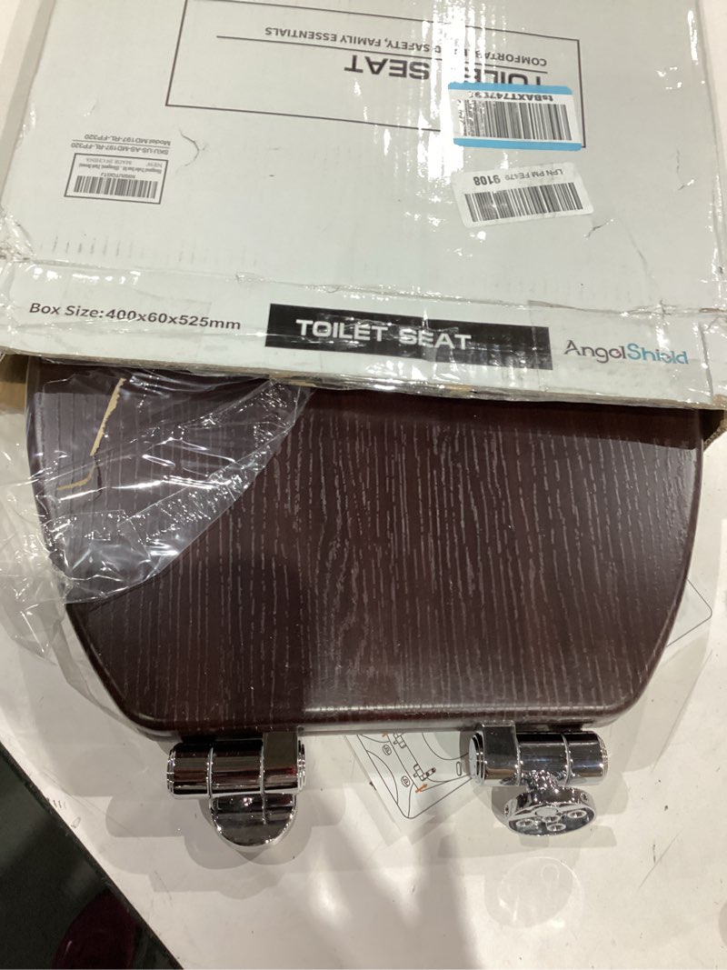 Condition photo showing Good Condition for elongated toilet seat molded wood toilet seat with quietly close and quick release hinges, easy to install also easy to clean by angol shiold (elongated, dark brown) soft close hinge dark brown