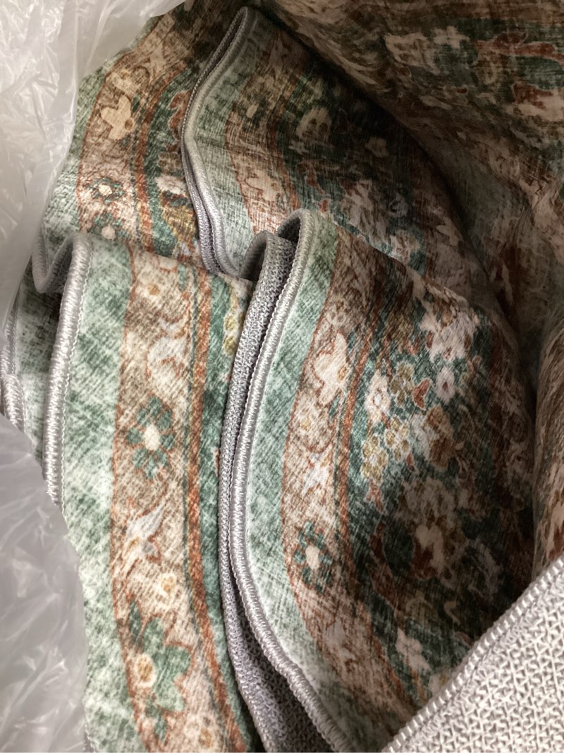 Condition photo showing Good Condition for washable oriental area rug - 6ft round rugs for living room soft carpet for bedroom waterproof floral distressed indoor stain resistant non-shedding floor carpets (green, 6ft-round) 6' (round) green