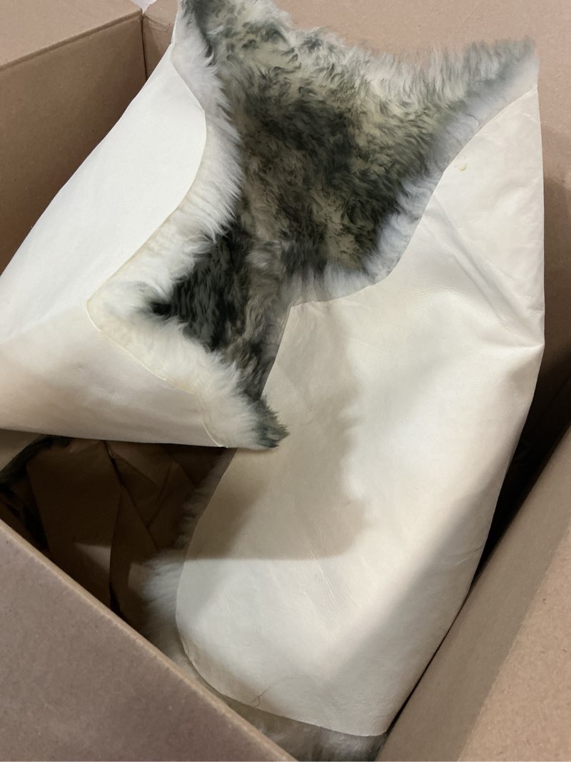 Condition photo showing As Is for llb genuine sheepskin area rug wool rug fur carpet fluffy shaggy fur rug for living room kids bedroom real sheepskin throw lambskin rugs sofa mat chair seat covers (snow grey, 2 x 6 ft sheepskin) snow grey 2' x 6' (sheepskin shape)