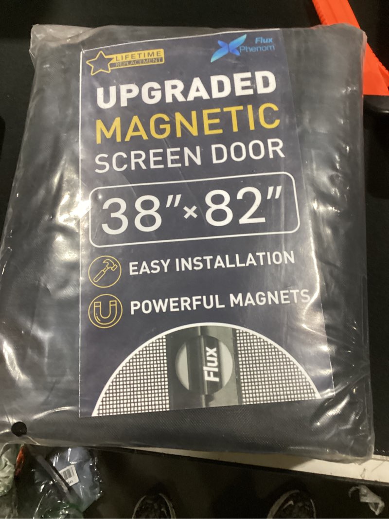 Condition photo showing New/Like New for flux phenom magnetic screen door - bugs out, breeze in - 9min install auto-sealing heavy duty double stitched mesh, 52 magnets, hands free sliding & patio doors net, pet & kid friendly, 38 x 82 inch mesh (airflow edition)