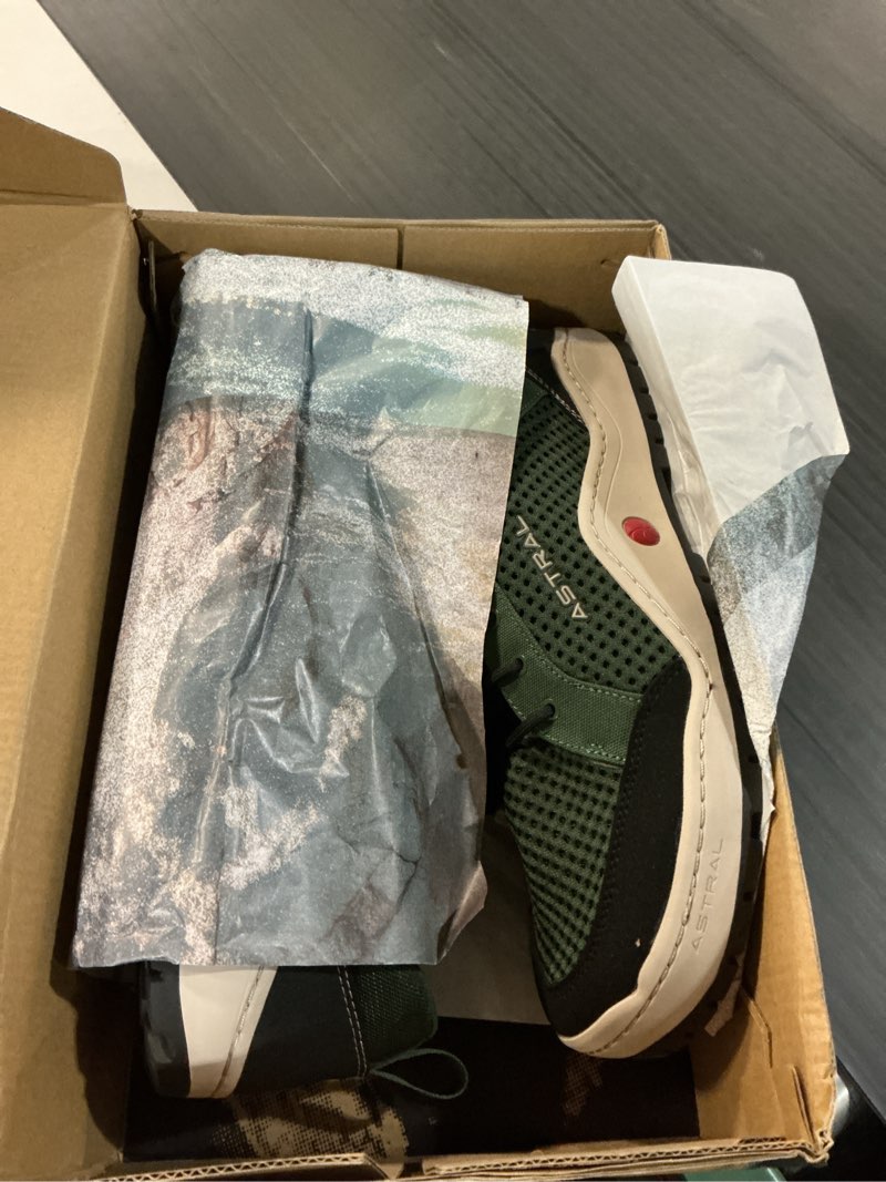 Condition photo showing New/Like New for astral techyak trail shoes - men's & women's minimalist, lightweight outdoor sneaker for hiking & everyday wear 14 women/13 men fern green
