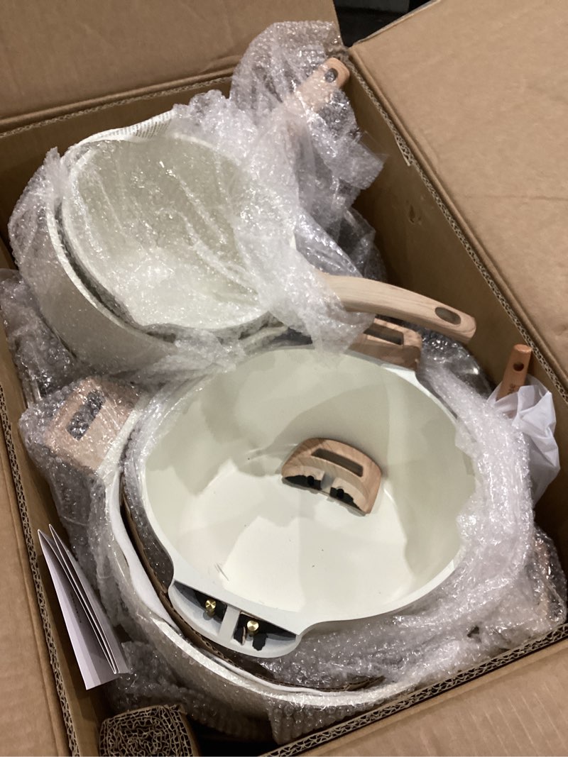 Condition photo showing As Is for carote 21pcs pots and pans set, nonstick cookware sets, white granite induction cookware non stick cooking set w/frying pans & saucepans(pfos, pfoa free)