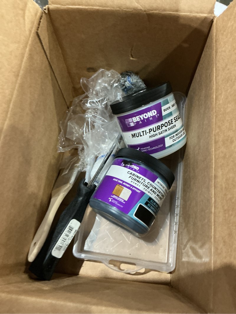 Condition photo showing Good Condition for beyond paint smoked gray flecks countertop makeover kit with paint, sealer, flecks, and tools for countertops, licorice