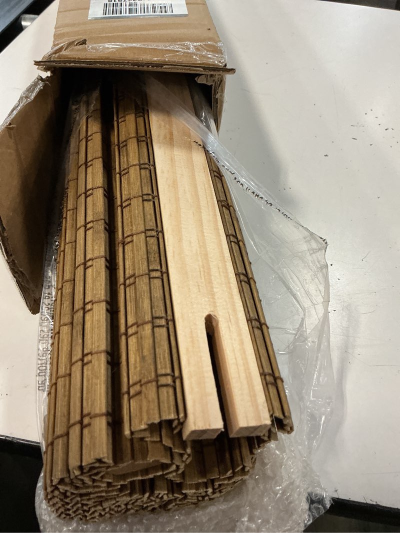 Condition photo showing Good Condition for lazblinds cordless bamboo roman shades, privacy blinds for interior windows, room darkening roll up bamboo blinds for home & patio, 35.5" w x 64" h, highfield teak pricacy - highfield teak 35.5" w x 64" h