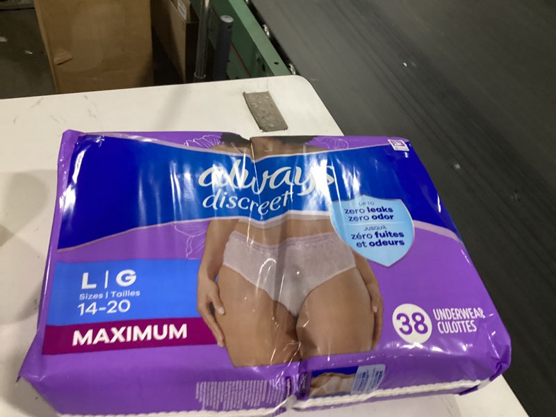 Condition photo showing New/Like New for always discreet adult incontinence underwear for women and postpartum underwear, large, up to 100% bladder leak protection, pack of 38, large