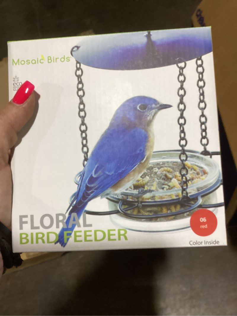 Condition photo showing New/Like New for Mosaic Birds Recycled Glass and Metal Floral Hanging Bird Feeder for Outdoors  Oriole  Cardinal  Finch Bird Feeder