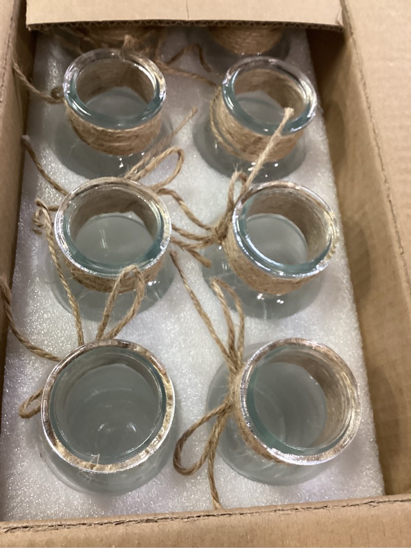 Condition photo showing New/Like New for 12 Hourglass Glass Bud Vases 5.3“ H, Transparent Centerpiece Vases with Hemp Rope for Weddings Parties Farmhouse Decor 12 Vases-5.3“ H hourglass vases