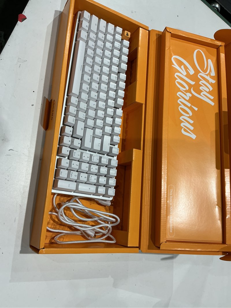 Condition photo showing Good Condition for glorious gaming - gmmk 3 custom mechanical gaming keyboard with knob, 100% keyboard full size, modular gasket system, doubleshot pbt keycaps, aluminum switch plate, hotswappable switches, ansi (white) white full size