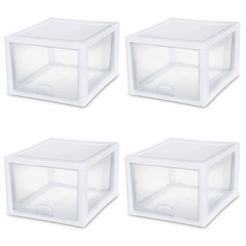 Sterilite 27 Quart Clear & White Plastic Storage Bin w/ One Drawer, 6 Pack