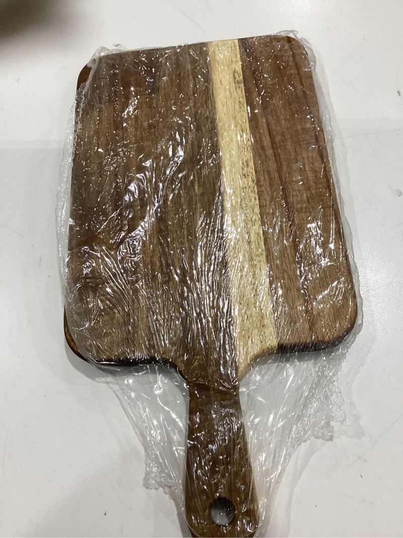 Condition photo showing Good Condition for acacia wood cutting board with handle - 14 x 7in, wooden chopping board for meat, cheese, bread, fruits & vegetables – ideal charcuterie & serving board, durable butcher block 13.8"l x 7.1"w