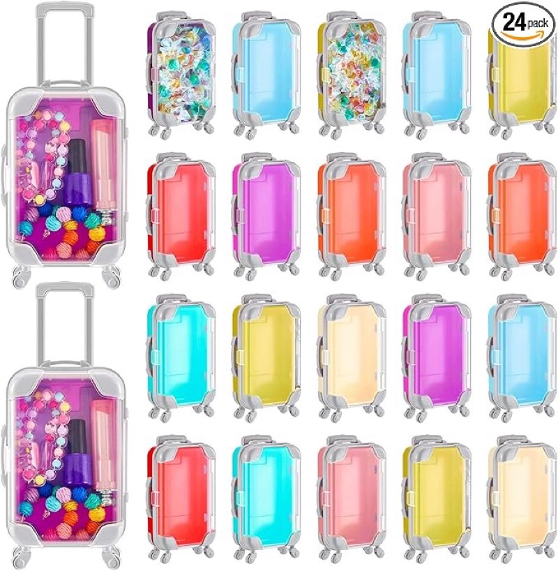 24 Pack, Mini Suitcase Party Favor Boxes with Handle and Wheels, Plastic Mini Suitcase Favors for Ca