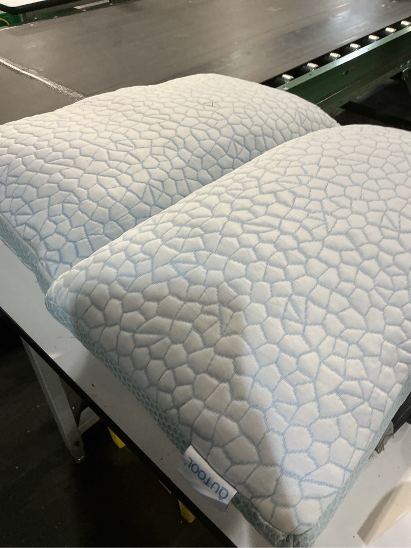 Condition photo showing As Is for QUTOOL Enhanced Cooling Pillows for Sleeping, CertiPUR-US Shredded Memory Foam Pillows King Size Set of 2 for Hot Sleeper, Adjustable Bed Pillow for Side, Back, Stomach Sleepers Support Yet Soft, Blue