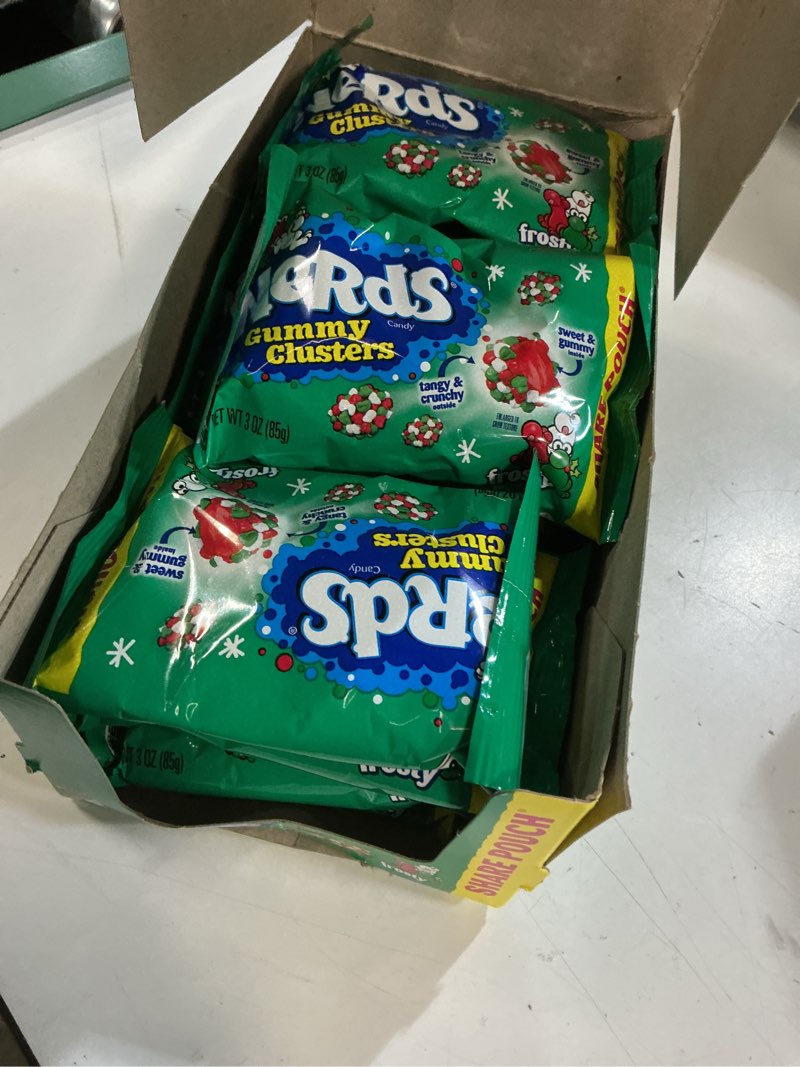 Condition photo showing New/Like New for (best by jun 2025)nerds candy gummy clusters share pouch 12 bags