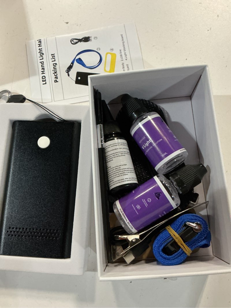 Condition photo showing New/Like New for v light hair extensions kit, v light machine*1 v light hair extensions glue*1 glue remover *2 hair shield * 2 (black machine set)