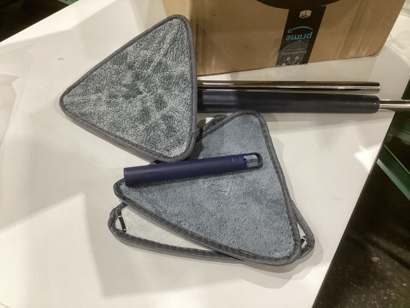Condition photo showing As Is for 360 Degree Rotatable Adjustable Cleaning Mop,52.1'' Telescopic Triangular Mop with Automatic Water Squeezing Function for Floor Window Ceiling,with 4 Replacement Microfiber Pads (Blue), USED