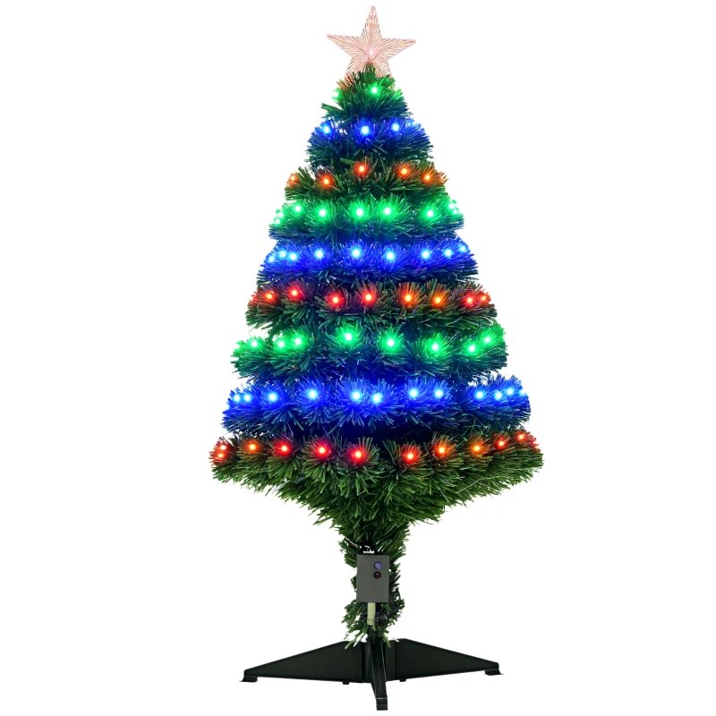 HOMCOM 3ft Tall Douglas Fir Pre-Lit Artificial Christmas Tree with Realistic Branches, 90 Multi-Color LED Lights, Fiber Optics and 90 Tips