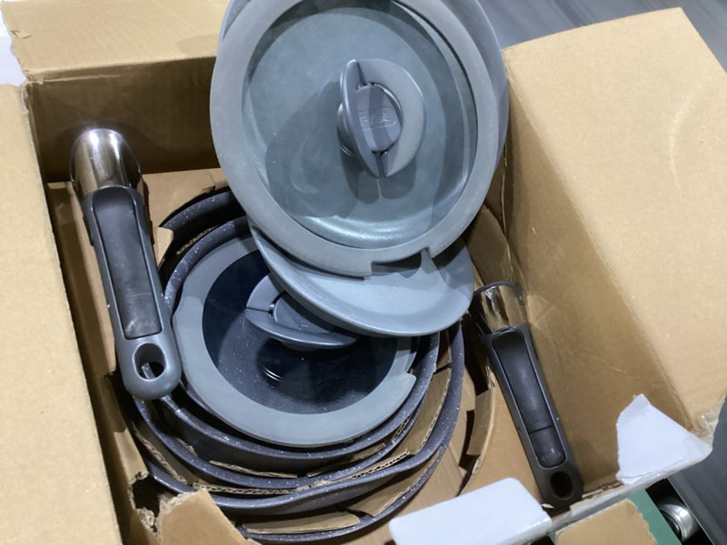 Condition photo showing As Is for t-fal ingenio essentials cookware set with detachable/removable handle 11 piece, granite titanium non stick, oven broiler safe 500f, stackable, pots and pans set, frying pans, dishwasher safe, gray gray 11-piece
