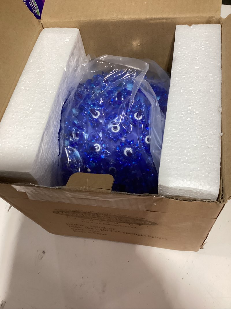 Condition photo showing New/Like New for novelty lights 7.5in 100 light starlight sphere, blue, large ornament ball light, 5ft hanging cord with s hook, 12ft power cord with stackable plug, commercial grade 100-light blue