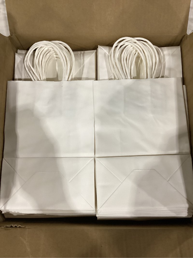 Condition photo showing Good Condition for bag box 100 pack 5.9x3.1x8.25 inch white gift bags with handles,bulk kraft paper bags for shopping, retail, merchandise, wedding, party favors, paper grocery sacks white 5.9 * 3.1 * 8.25 inch?pack of 100?