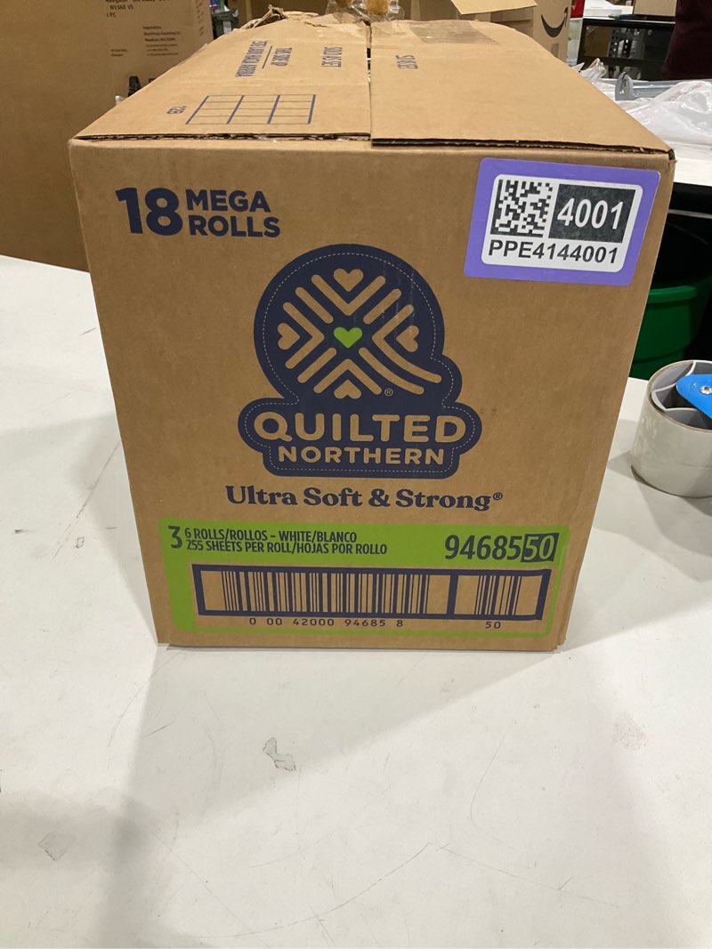 Condition photo showing New/Like New for quilted northern ultra soft & strong toilet paper, 18 mega rolls = 72 regular rolls, 5x stronger*, premium soft toilet tissue mega pack 18 rolls (255 sheets each)