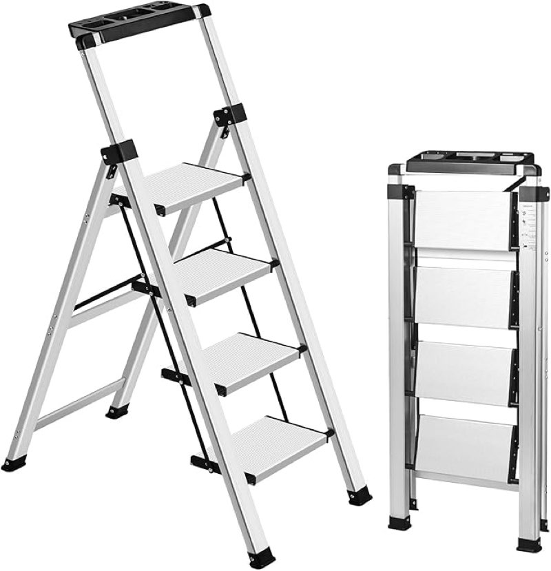 xinsunho 4 step ladder, retractable handgrip folding step stool with anti-slip wide pedal, aluminum stool ladders 4 steps, 330lbs safety household ladder