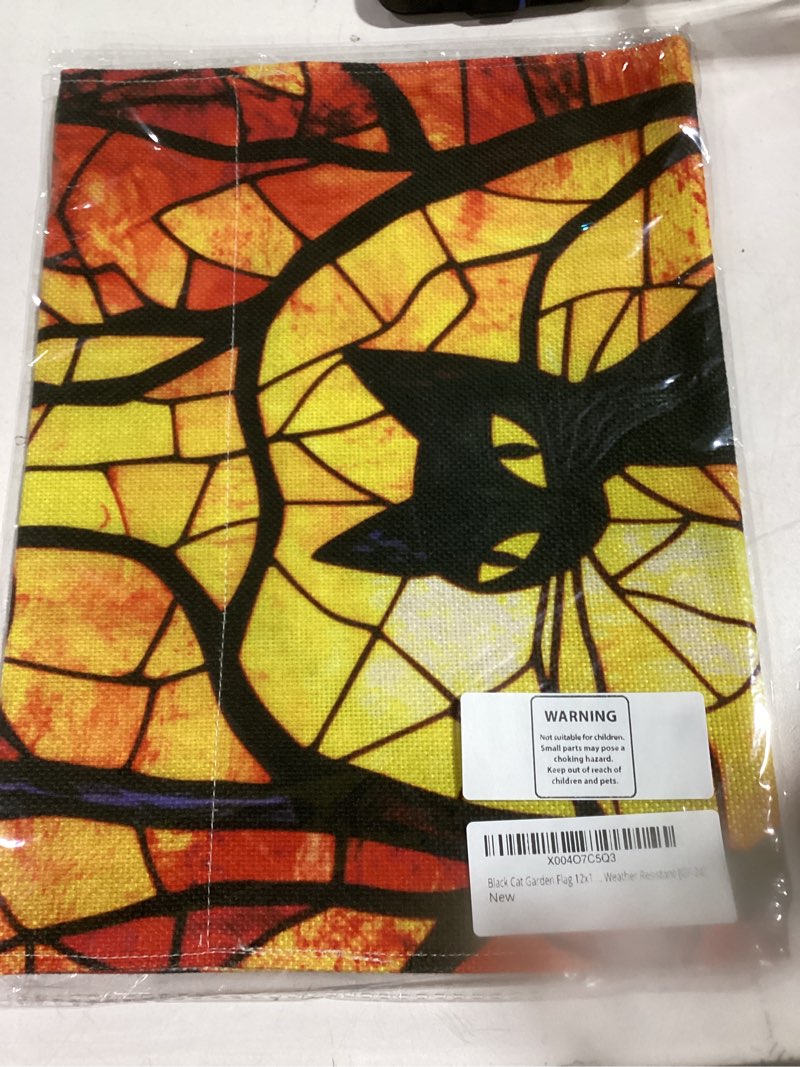 Black Cat Garden Flag 12x18 Inch Double Sided, Burlap Stained Glass Halloween Banner, Outdoor Fall Y
