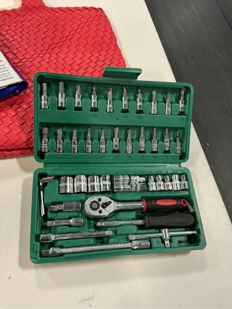 Condition photo showing As Is for 46 piece 1/4” socket wrench set metric tool kit with wrench handle, extension bars, flexible extension rods,bits, quick release reversible ratchet, drive spanner socket set for car motorcycle repair